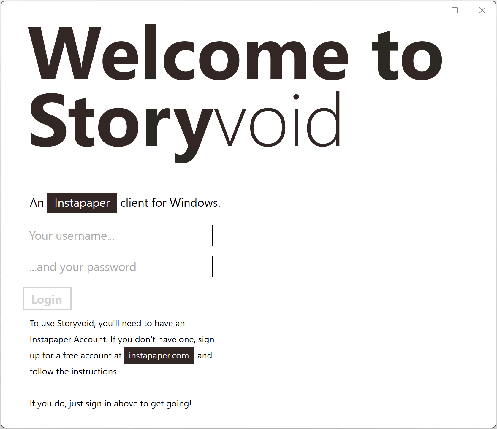 Screenshot of the Storyvoid login screen